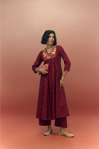 maroon long kurta set